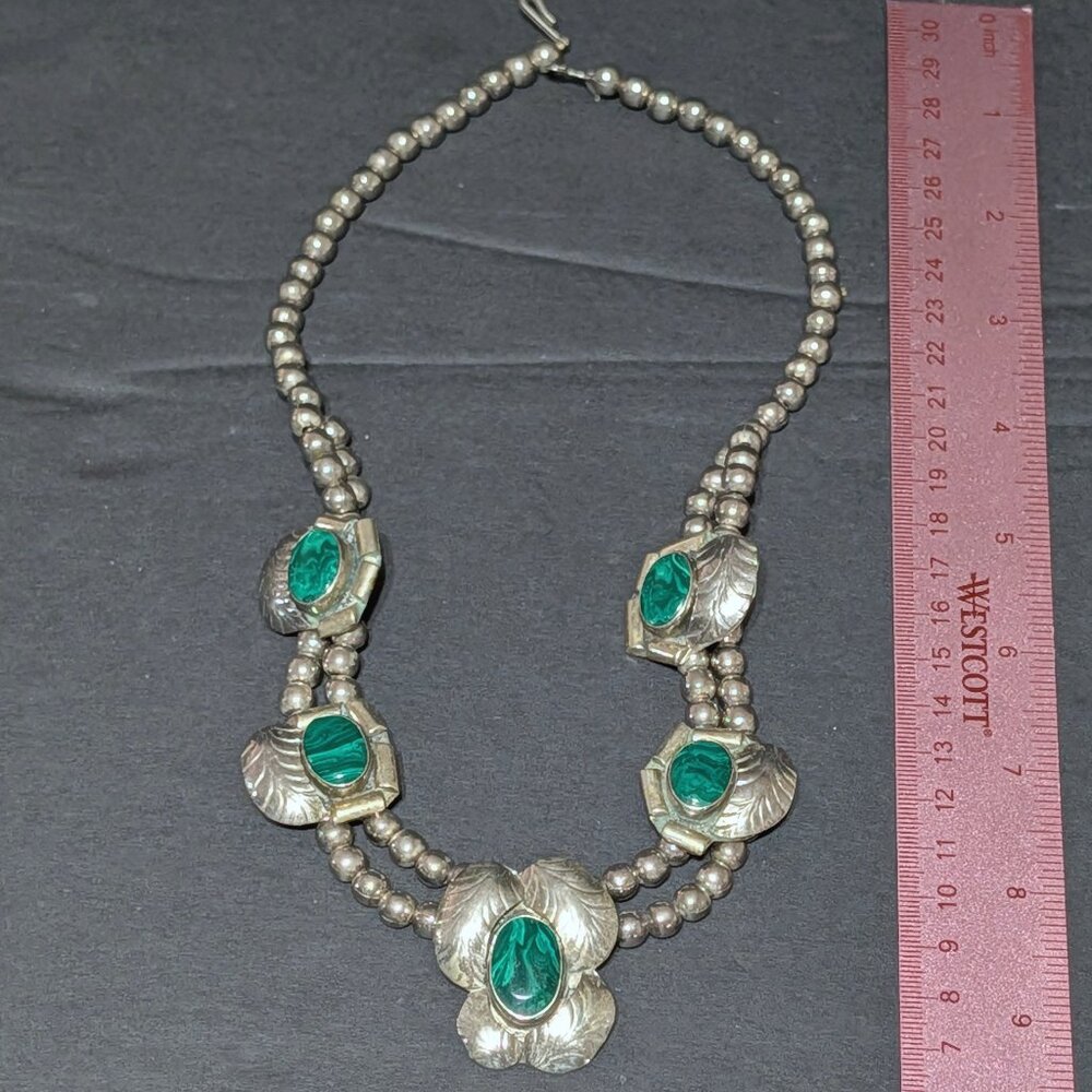 Lg Estate 1960s Native Mexican Malachite Dbl Strand Sterling Silver 18" Necklace